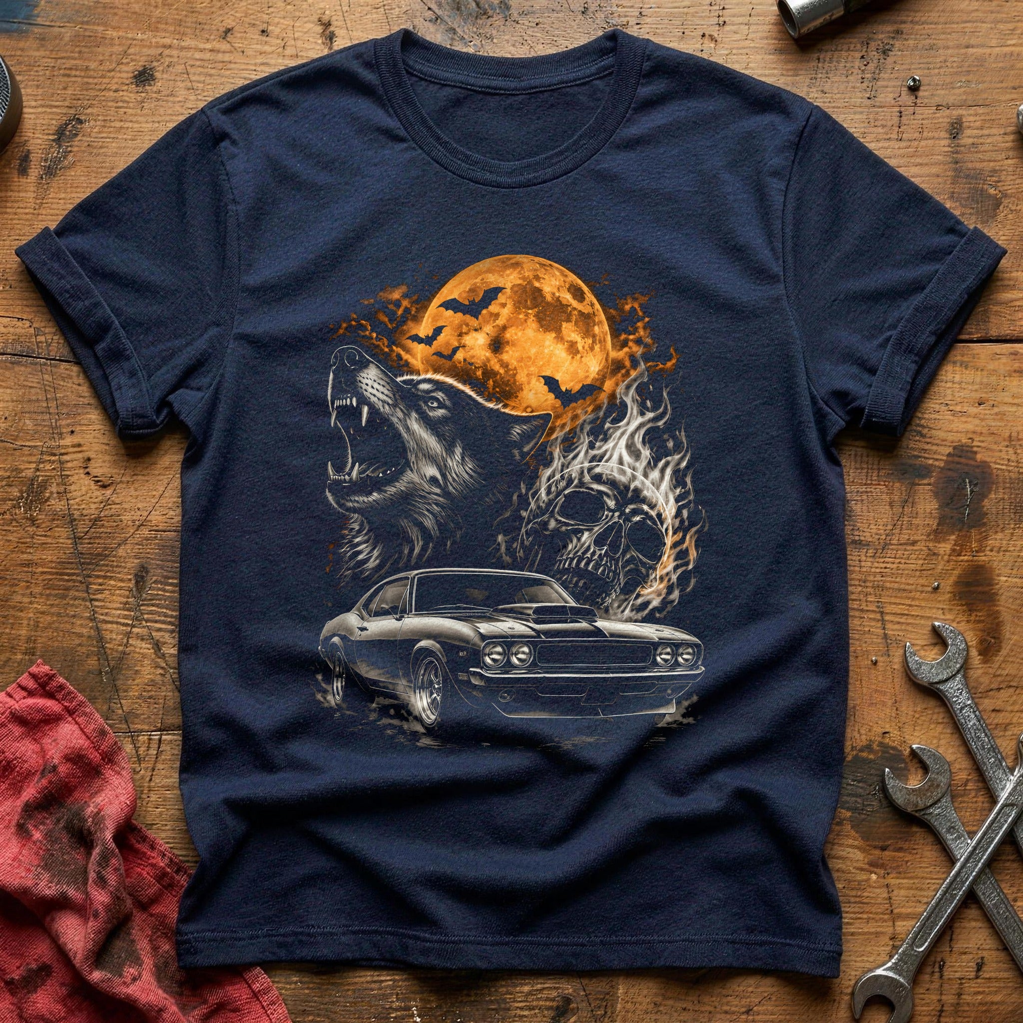 Muscle Wolf Flaming Skull 62 T-Shirt - Navy