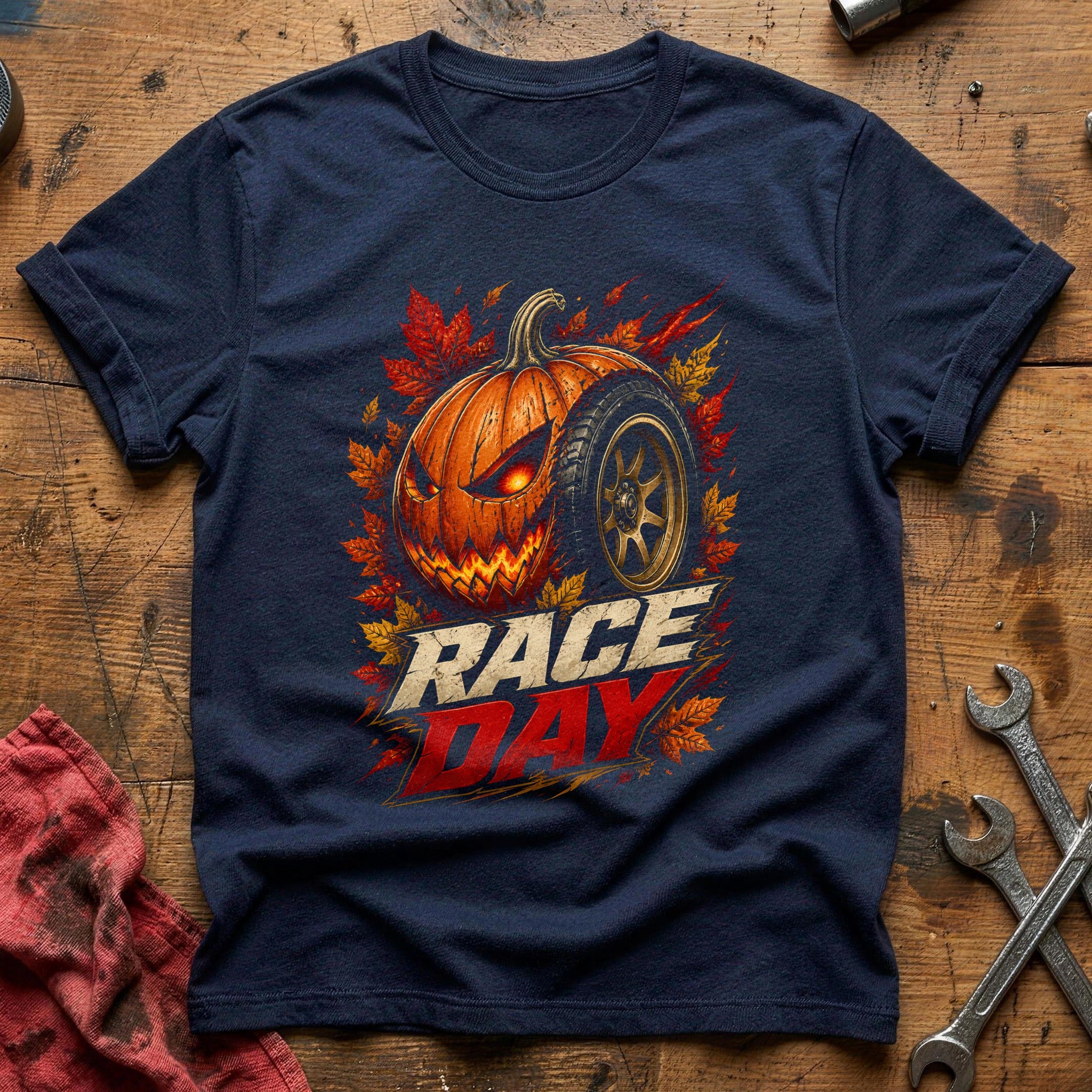 Race Day Pumpkin Wheel 14 T-Shirt - Navy