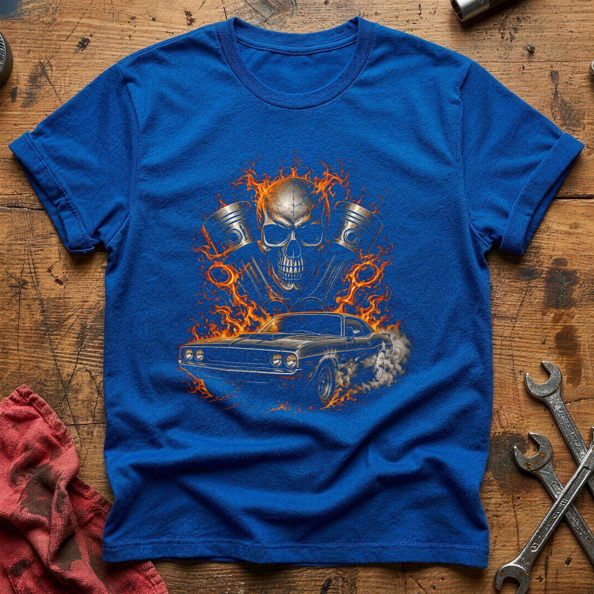 Engine Skull Flames T-Shirt - Royal