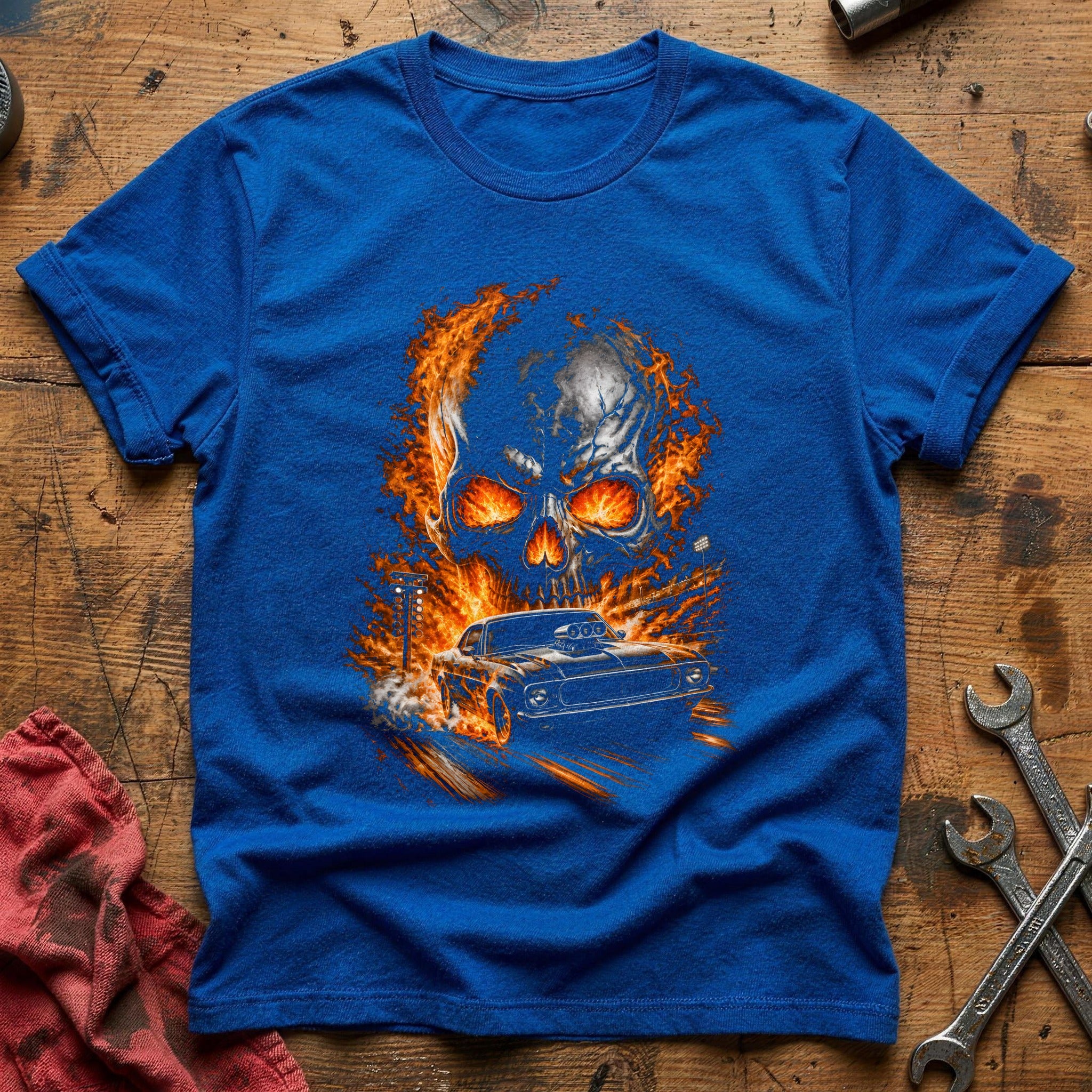 Flaming Hotrod Skull 96 T-Shirt - Royal