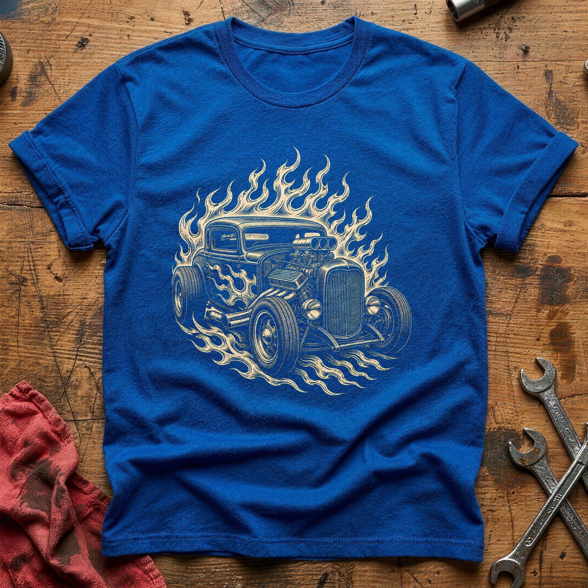 Hotrod Woodcut 80 T-Shirt - Royal
