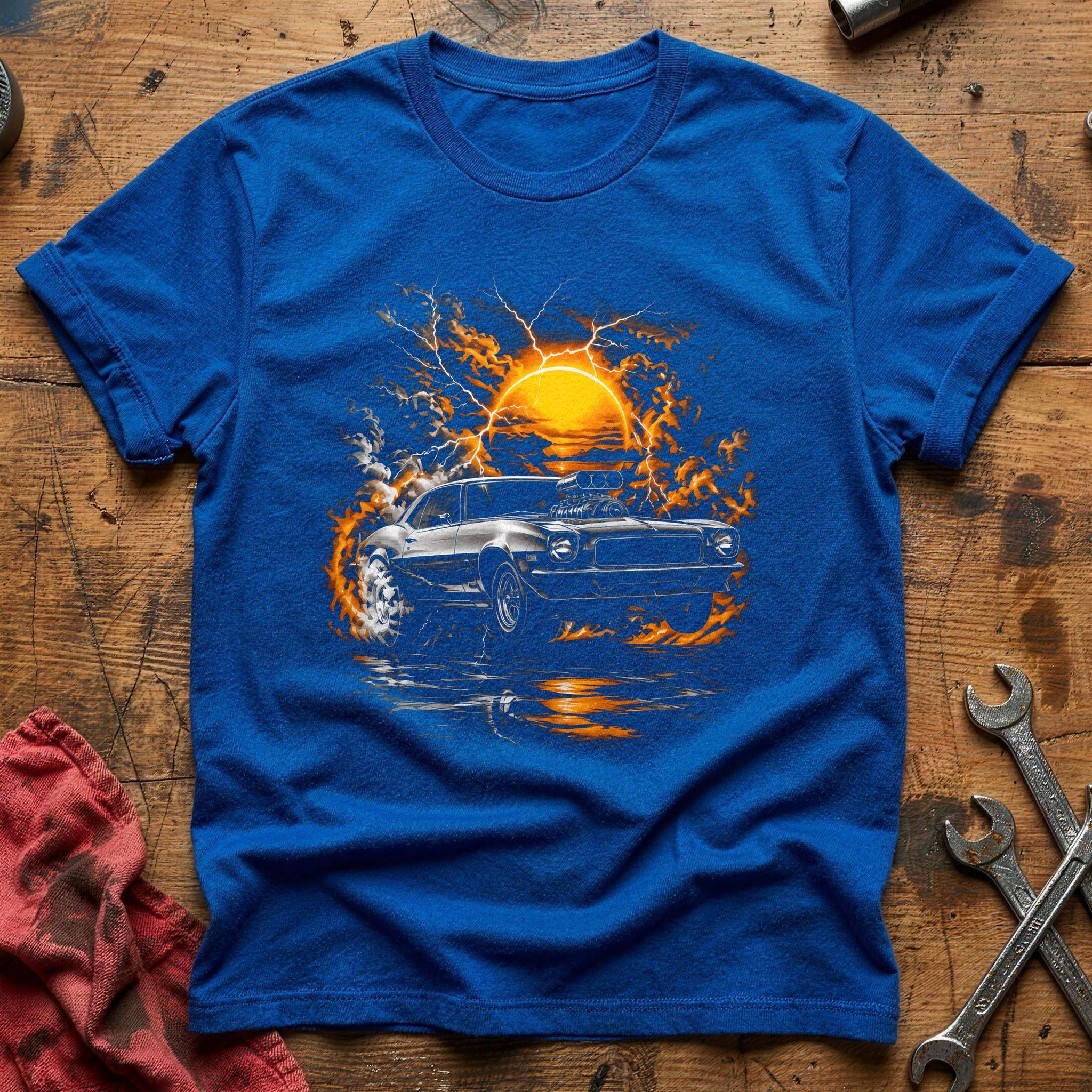 Muscle Car Sunset Fire T-Shirt - Royal